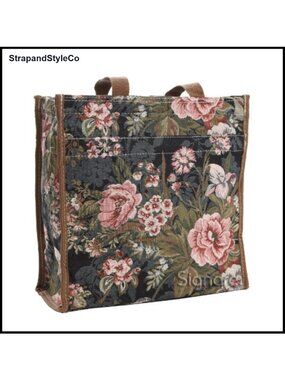 Tapestry Shopper Bag Shoulder Bag Floral Peony Design Zip Closure